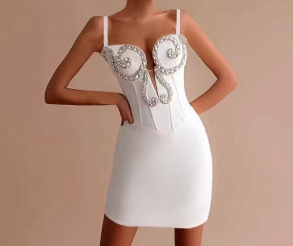 Women White Sexy Sleeveless Rhinestone Bandage Dress