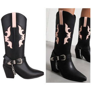 Women Fashion Faux Leather Color Patchwork Chain Western Boots