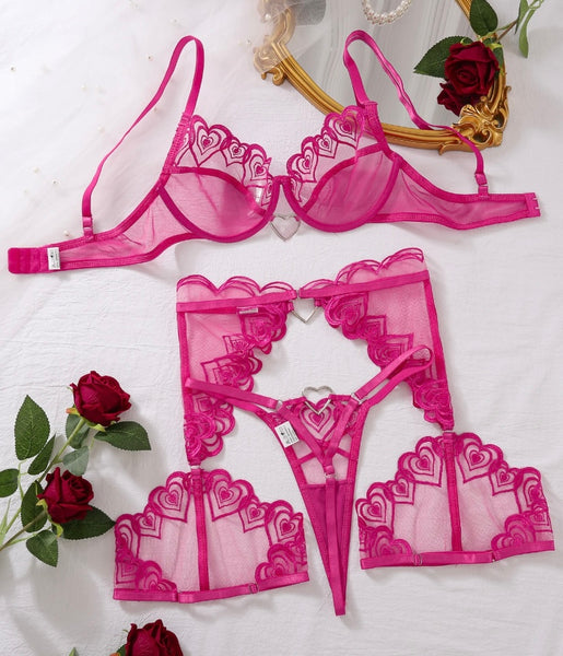 Women Pink Sexy Heart Print Mesh Lingerie Set
