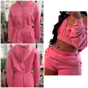 Women Fashion Pink Hooded Zip Up Two Piece Short Set