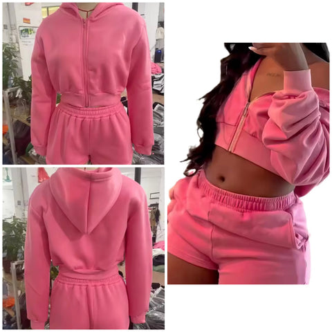 Women Fashion Pink Hooded Zip Up Two Piece Short Set