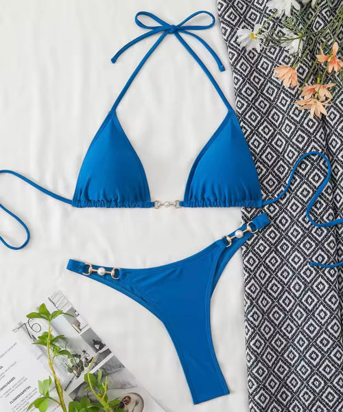 Women Sexy Halter Pearl Metal Bikini Swimsuit