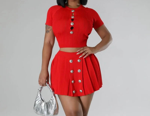 Women Sexy Short Sleeve Button Two Piece Pleated Skirt Set