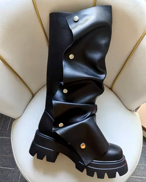 Women Fashion Color Button Faux Leather Flat Boots