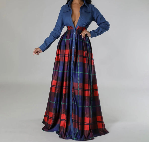 Women Sexy Fashion Button Up Denim Patchwork Plaid Maxi Dress