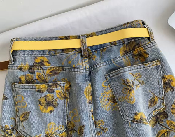 Women Fashion Yellow Floral Denim Skirt