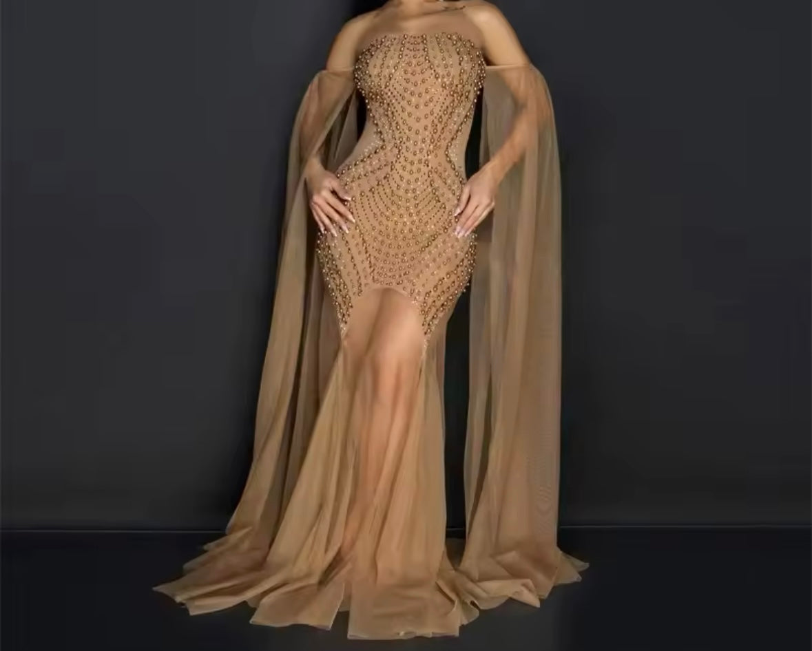 Women Sexy Strapless Beaded Mesh Maxi Dress