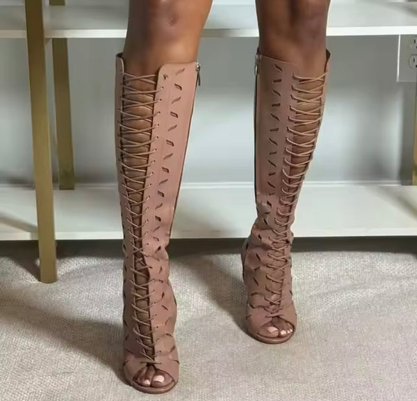 Women Fashion Open Toe Hollow Out Lace Up High Heel Boots