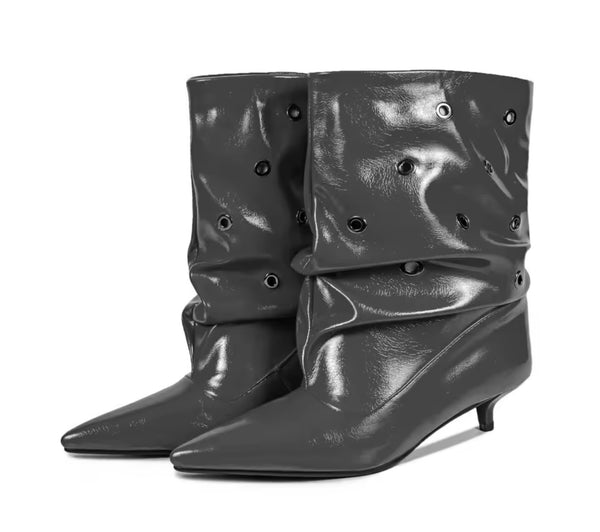 Women Color Pointed Toe Rivet Ruched Fashion Ankle Boots