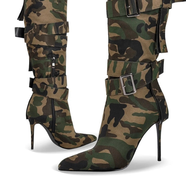 Women Fashion Camouflage Buckled Knee High Boots