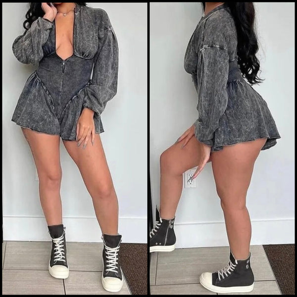 Women Fashion Zip Up Full Sleeve Denim Romper