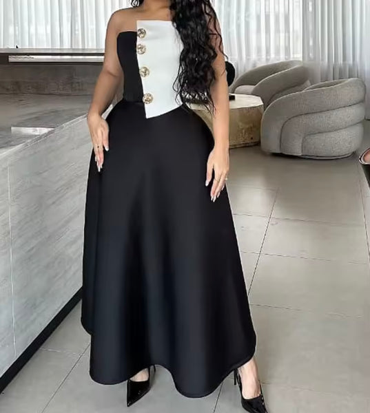Women Sexy Button Up Strapless Color Patchwork Two Piece Maxi Skirt Set