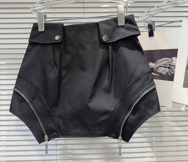 Women Sexy Fashion Black Zipper Button Short Skirt