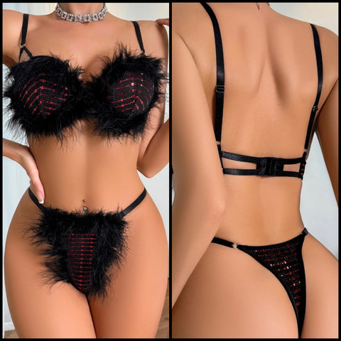 Women Sexy Color Patchwork Faux Fur Lingerie Set