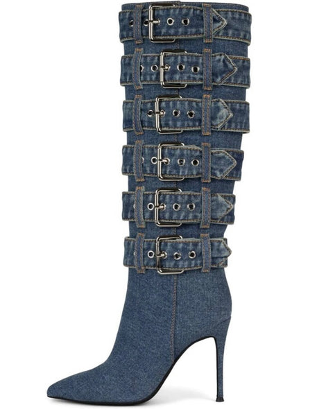 Women Fashion High Heel Buckled Denim Knee High Boots