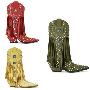 Women Color Rhinestone Fringe Tassel Fashion Western Boots