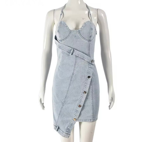 Women Sexy Halter Sleeveless Button Denim Dress