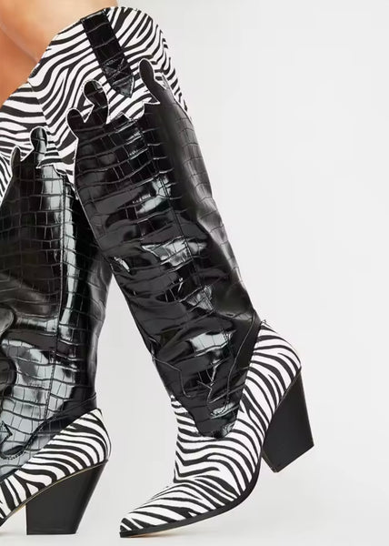 Women Fashion B&W Animal Print Knee High Western Boots