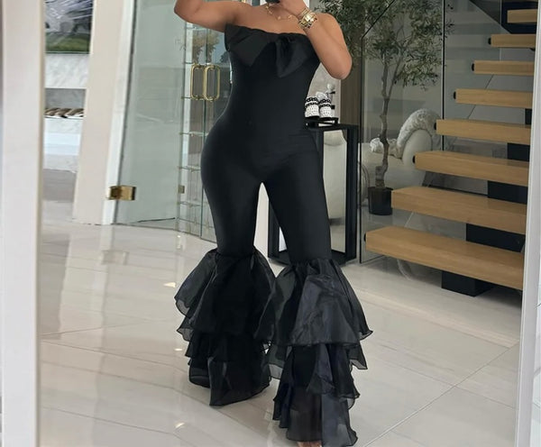 Women Sexy Bow Strapless Ruffled Jumpsuit