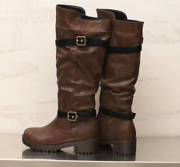 Women Round Toe Double Buckle Fashion Knee High Flat Boots