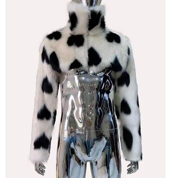 Women Fashion Heart B&W Faux Fur Crop Jacket