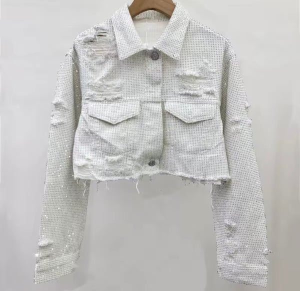 Women Fashion Ripped Bling Denim Jacket Two Piece Short Set
