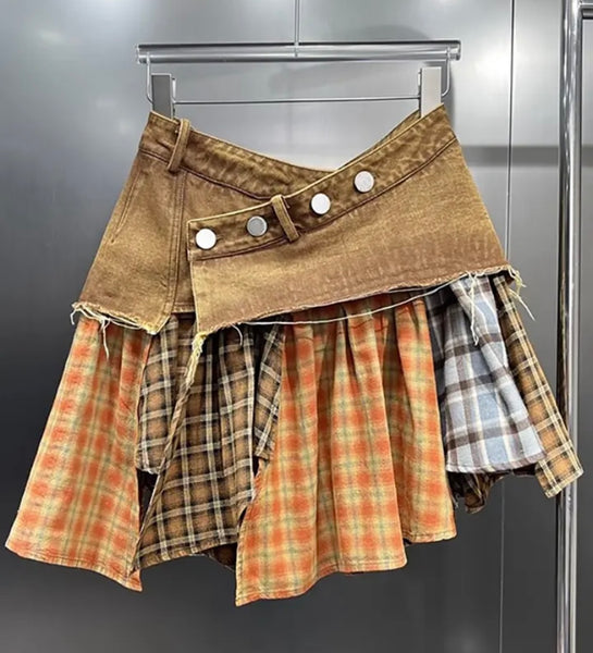 Women Fashion Plaid Pleated Denim Skirt