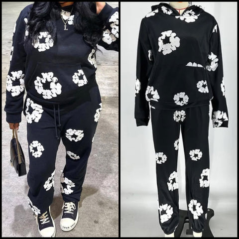 Women B&W Floral Hooded Two Piece Tracksuit Pant Set