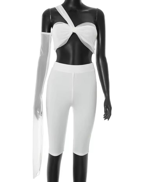 Women White One Shoulder Sexy Two Piece Capri Pant Set