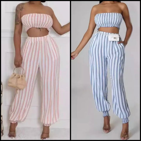 Women Sexy Strapless Striped Crop Two Piece Pant Set