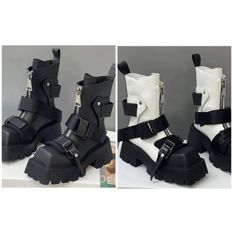 Women Fashion Faux Leather Square Toe Zipper Buckled Ankle Boots