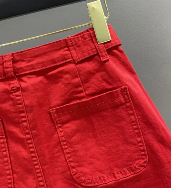 Women Red Fashion Zipper Denim Shorts