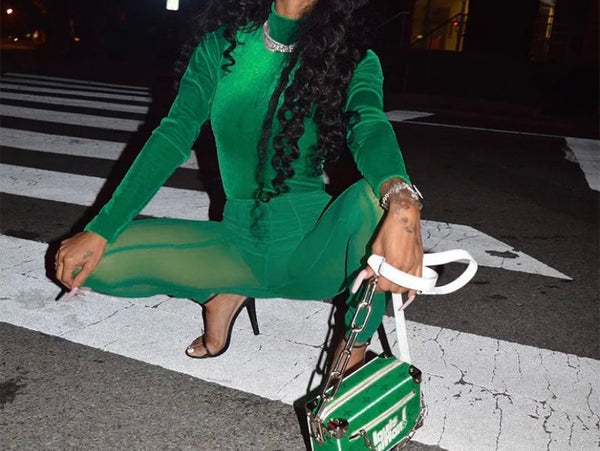 Women Green Sexy Velour Bodysuit Two Piece Mesh Pant Set