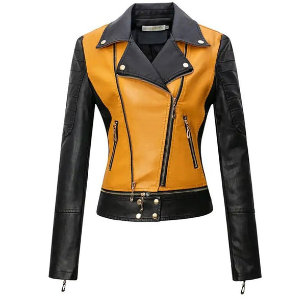 Women Fashion Color Patchwork Faux Leather Jacket