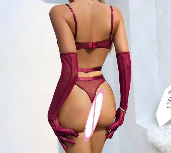 Women Sexy Lace Mesh Glove Bodysuit Lingerie Set
