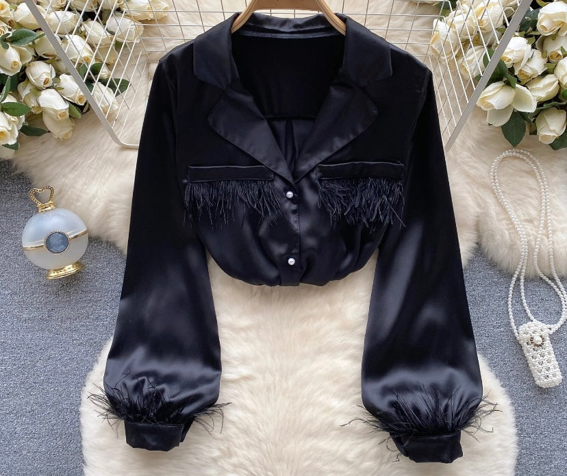 Women Button Up Feather Full Sleeve Fashion Top