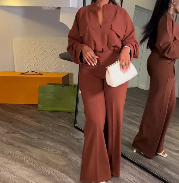 Women Fashion Solid Color Full Sleeve Two Piece Pant Set