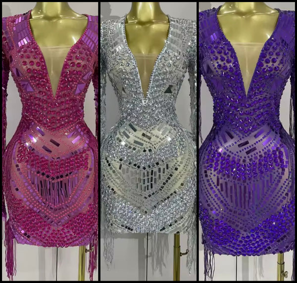 Women Sexy Crystal Mirror Mesh Full Sleeve Tassel Dress
