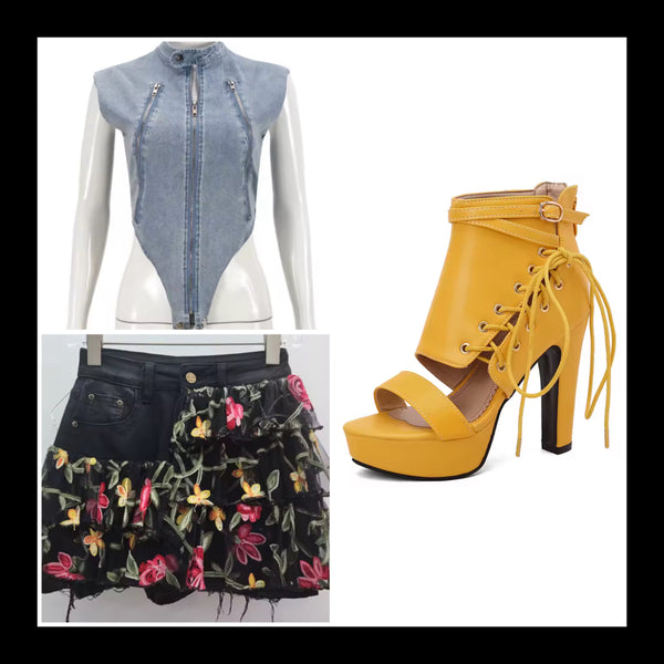 Women Fashion Floral Ruffled Black Denim Skirt