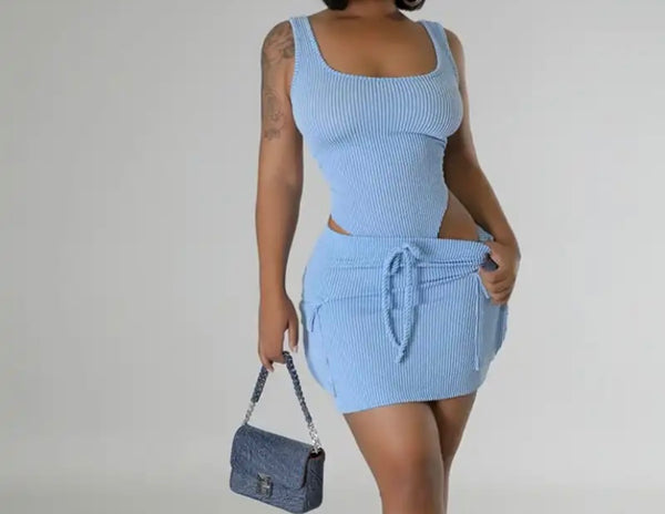 Women Sexy Sleeveless Ribbed Bodysuit Two Piece Skirt Set