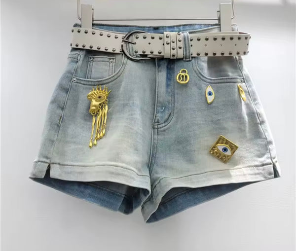 Women Blue Fashion Gold Metal Denim Shorts