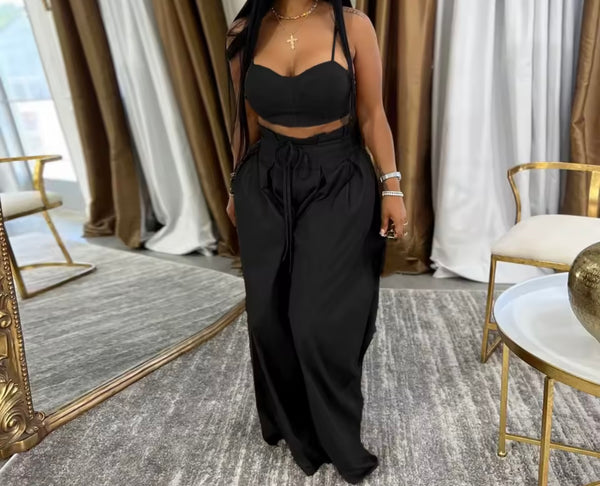 Women Color Sleeveless Crop Fashion Two Piece Wide Leg Pant Set