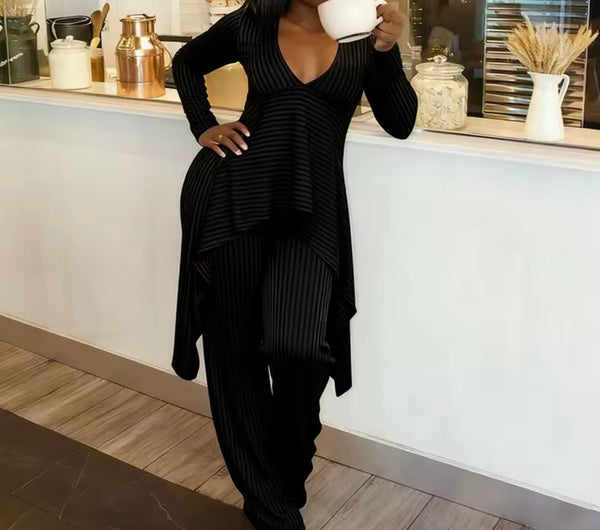 Women Ribbed Asymmetrical Full Sleeve Two Piece Fashion Pant Set
