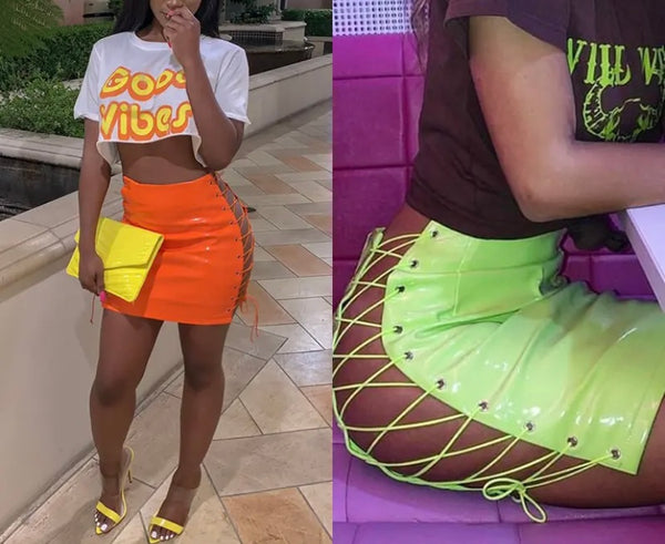 Women Sexy PU Lace Up Color Skirt