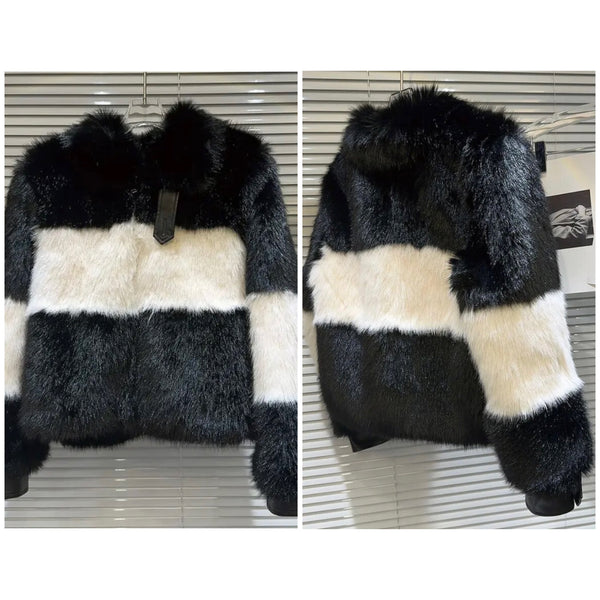 Women B&W Color Patchwork Fashion Faux Fur Jacket