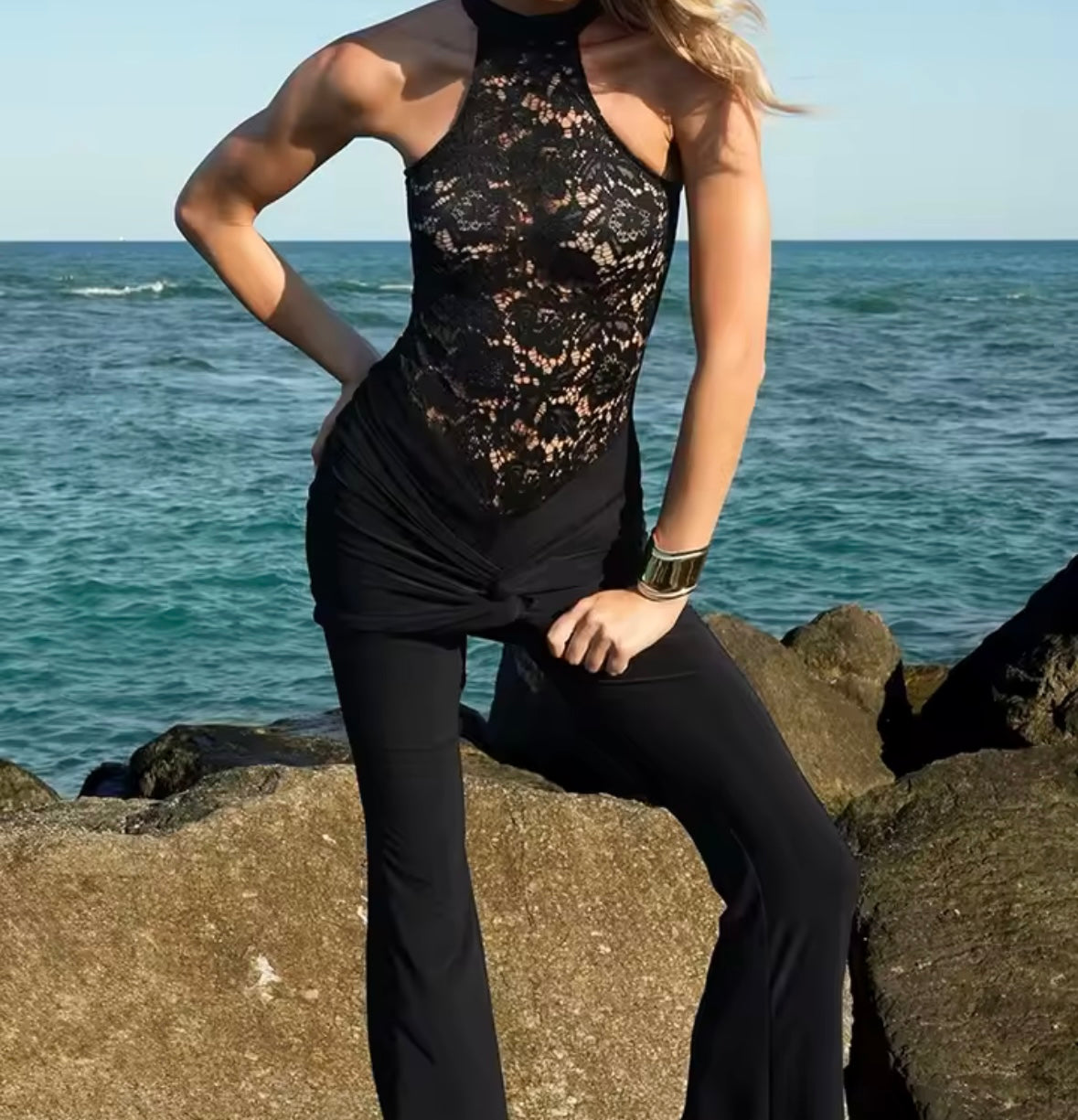 Women Sexy Sleeveless Lace Patchwork Wrap Jumpsuit