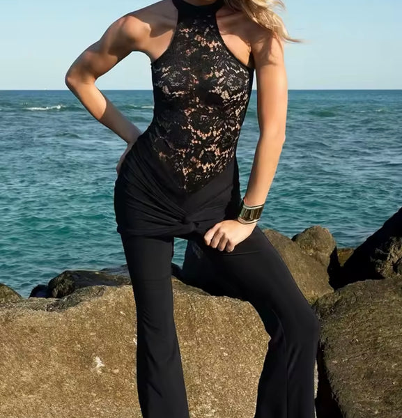 Women Sexy Sleeveless Lace Patchwork Wrap Jumpsuit