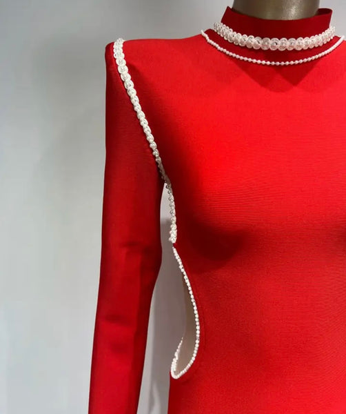Women Sexy Red Full Sleeve Cut Out Color Stitching Dress