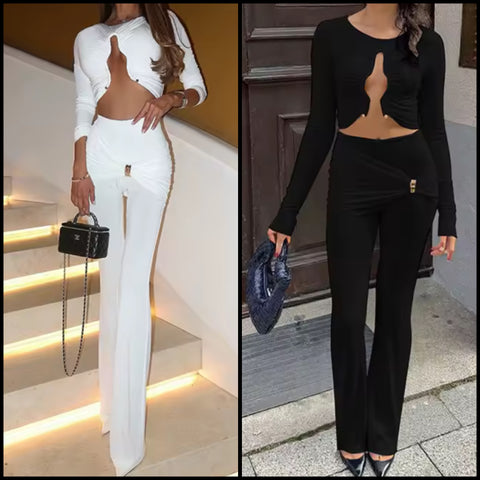 Women Sexy Cut Out Full Sleeve Crop Two Piece Wrap Pant Set