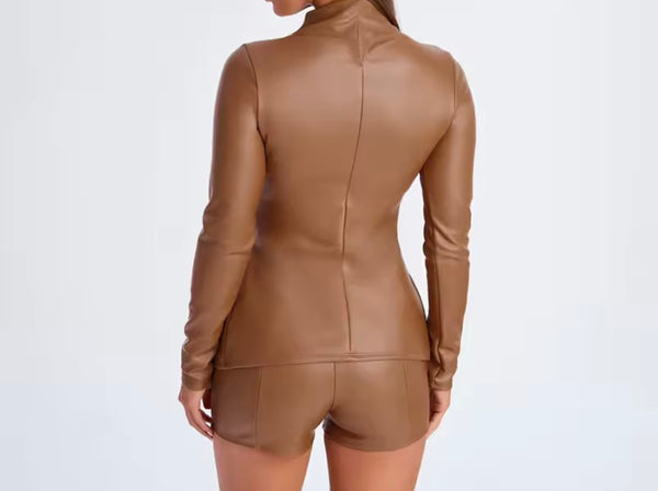 Women Fashion Faux Leather Full Sleeve Two Piece Short Set